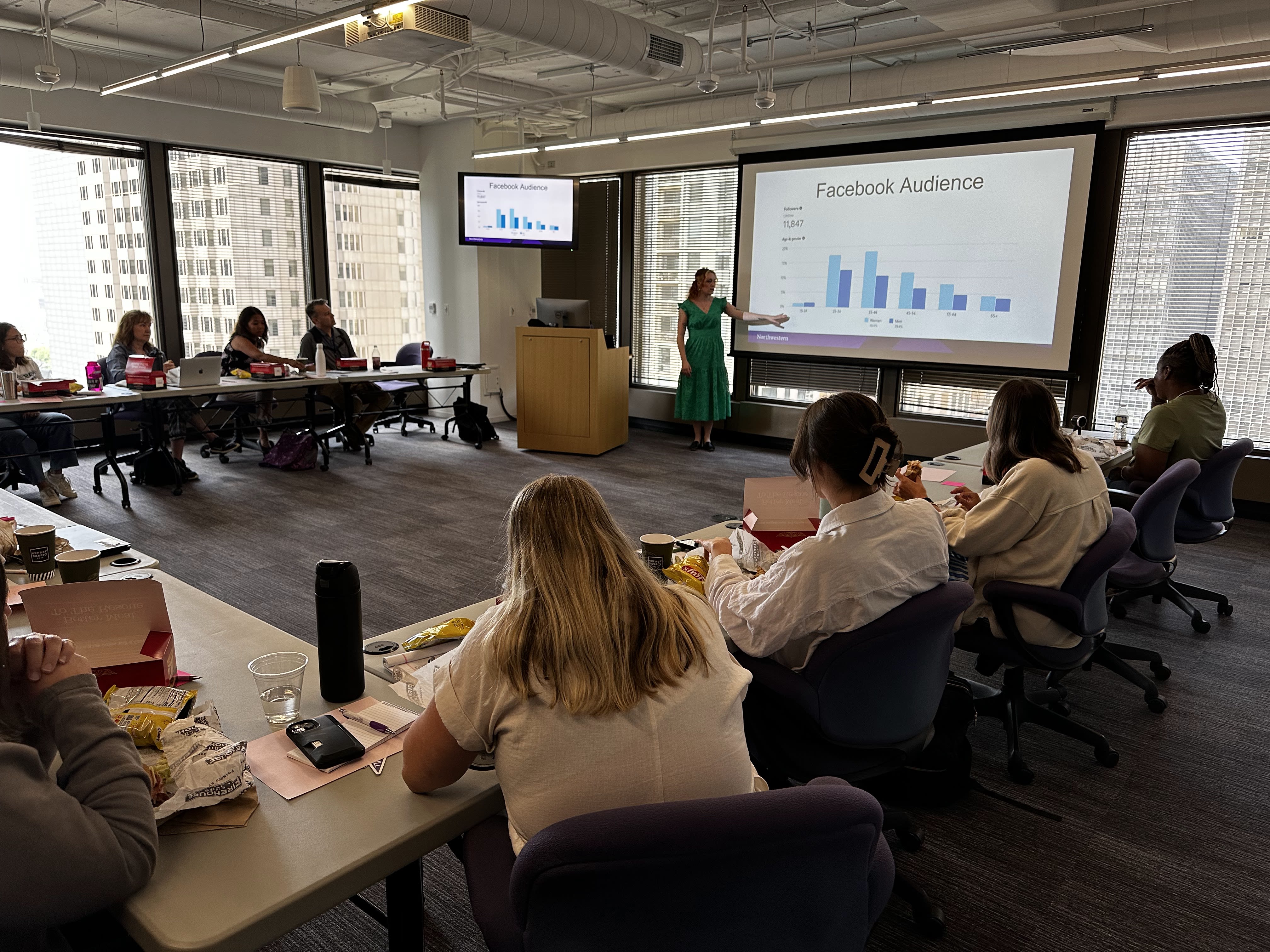 A person in a green dress presents a bar chart to a room of people